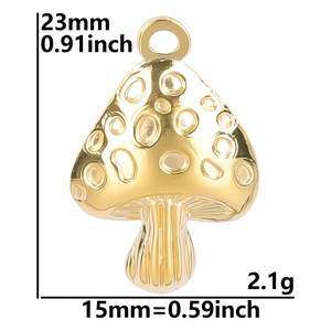 Detailed size chart for golden mushroom pendant showing 23mm height and 15mm width