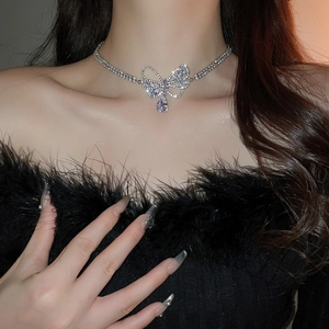 Nahaufnahme der funkelnden Zirkon-Schleifen-Choker-Halskette mit Tropfenanhänger