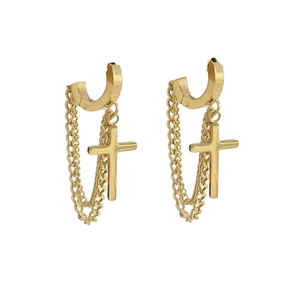 Golden double chain cross drop huggie earrings made of premium stainless steel
