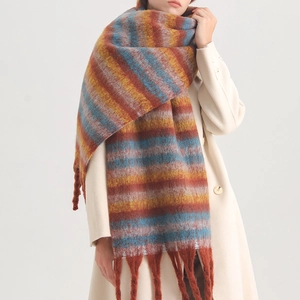 Detailed view of colorful rainbow striped scarf with soft plush texture and long fringe