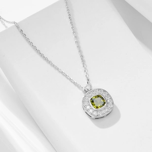 Elegant S925 sterling silver necklace with square olive green zircon pendant on white base