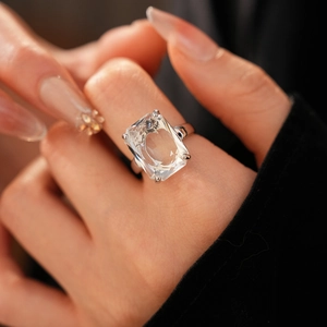 Close-up of 14k gold plated ring featuring a large rectangular cubic zirconia stone