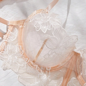Close-up of intricate white floral embroidery on sheer beige lace lingerie set