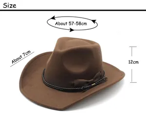 Size chart showing 57-58cm circumference and 7cm brim for brown wool cowboy hat