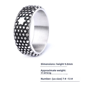 Macro detail of a 9mm vintage steel ring with black textures and star relief pattern