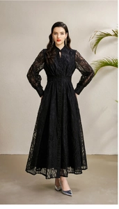 Close-up of intricate floral lace texture and button detailing on a black midi dress