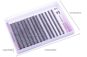 Detailed dimensions of DIY segmented eyelash cluster kit in purple and transparent box
