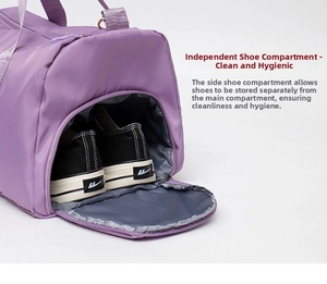 Close-up of the purple gym bag featuring a dedicated side shoe compartment for storage