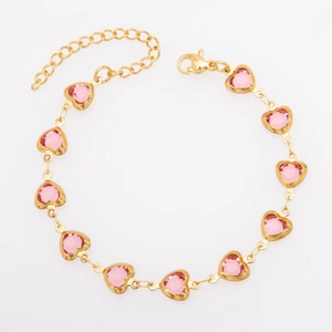 Gold titanium steel bracelet with pink heart glass charms and adjustable lobster clasp