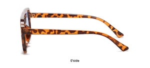 Side view of tortoise shell oversized sunglasses with light blue lenses and detailed dimensions