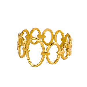 Detail of golden adjustable open ring featuring unique chain link oval design