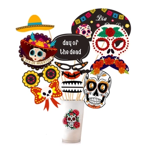21-piece Day of the Dead photo booth props with skull masks and floral paper cup