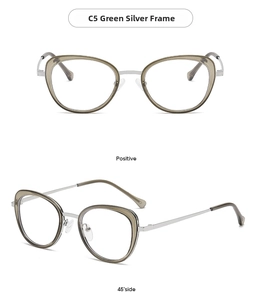 Detail view of C5 green silver cat eye frame with transparent pads and metal hinges
