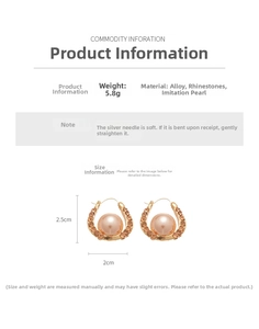 Detailed view showing dimensions and materials of U-shaped pearl rhinestone earrings