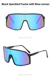 Detail of outdoor cycling sunglasses featuring black spotted frames and blue mirrored lenses