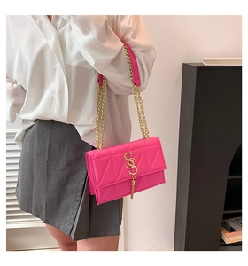 Detail of fuchsia quilted crossbody bag with gold SS lock, tassel, and chain strap