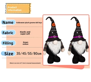 Detail showing various sizes of plush Halloween gnomes with pumpkin hats and soft texture