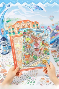 Detailed view of 3D miniature city pop-up card featuring Qingdao landmarks and stickers