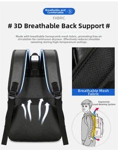 Detail of 3D breathable mesh back and ergonomic shoulder straps on black travel backpack
