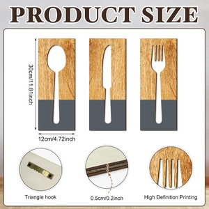 Set di 3 decorazioni da parete in legno con sagome di cucchiaio coltello e forchetta