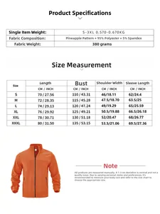 Detailed size chart for men fleece jacket including measurements from size S to 3XL