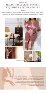 Detail of pink satin bathrobe with floral print and luxurious silk-like finish