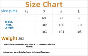 Size chart for women casual suit set with waist, hip and length measurements in cm