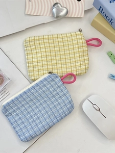 Plaid canvas small coin pouches with pink straps in yellow and light blue colors
