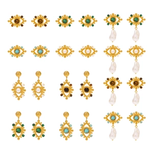 Retro evil eye earrings in gold stainless steel with tiger eye and pearl pendants