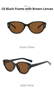 Vues détaillées des lunettes de soleil œil-de-chat, monture noire et verres marrons