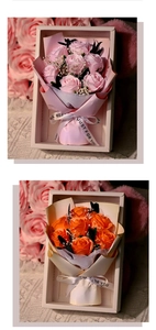Detailed view of pink and orange soap rose bouquets in white gift boxes with silk ribbons
