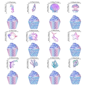 Detailed size dimensions of mermaid themed ocean cupcake toppers for birthday party