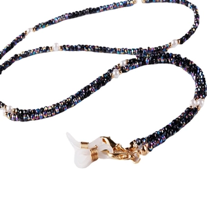 Iridescent black crystal and pearl beaded glasses chain with gold lobster clasps and silicone loops