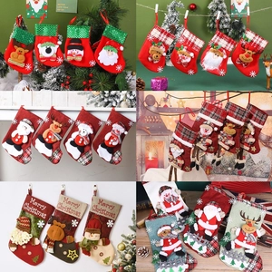 Christmas Stockings Linen Burlap Holiday Hanging Ornaments 3D Santa Snowman Reindeer Gift Bags Candy Pouches Plaid Design