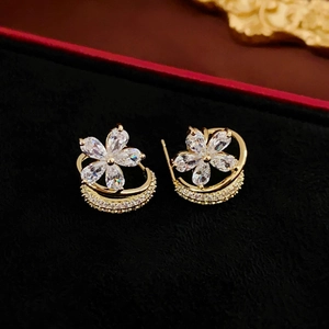 Zircon Flower C-Shaped Earrings With Silver Earring Post Gold Plated Copper Elegant Light Luxury Jewelry For Women