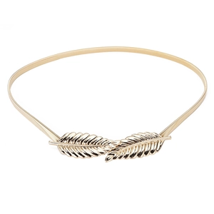Golden metal elastic waist belt with elegant leaf buckle design for women's dresses