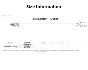Detailed size chart for women's thin belt with 100cm length and 1.1cm width dimensions
