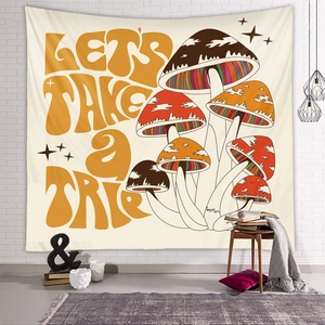 Retro psychedelic mushroom tapestry with Let's Take a Trip text for room wall decor