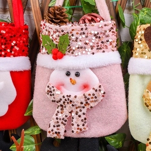 Christmas sequin felt gift bag with cute snowman and Santa Claus design for candy or apples