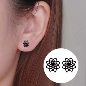 Minimalist matte black stainless steel lotus mandala stud earrings for women in geometry design