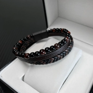 Multilayer men's leather bracelet with red tiger eye beads in a premium black gift box