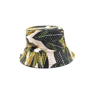 Unisex foldable cotton sun hat with tropical leaf print for outdoor fishing protection