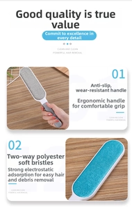 Detail of ergonomic anti-slip handle and double-sided electrostatic lint removal brush