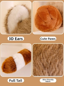 Detailed close-ups showing the 3D ears, colorful tail, and soft fabric of this raccoon plush