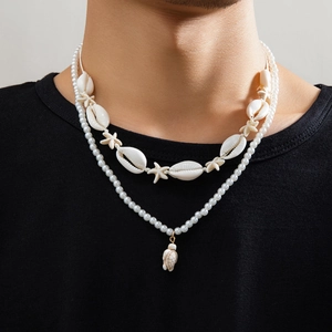 Double Layer Necklace Faux Artificial Pearl Shell Alloy Turtle Starfish Pendants Beach Bohemian Handmade Jewelry For Men Women