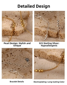 Macro detail of 925 sterling silver beaded chain with S925 hallmark and lobster clasp