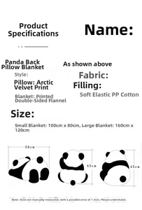Größentabelle für schwarz-weißes Panda-Rückenkissen-Decken-Set mit Materialangaben