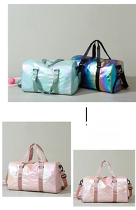 Detail of holographic gradient travel bags in mint, blue and pink with metallic finish