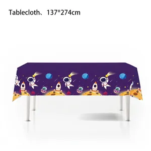 Starry sky space themed birthday party tablecloth featuring astronauts and rockets 137x274cm