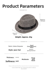 Men's summer fedora details showing 12.5cm height and 58cm circumference specs